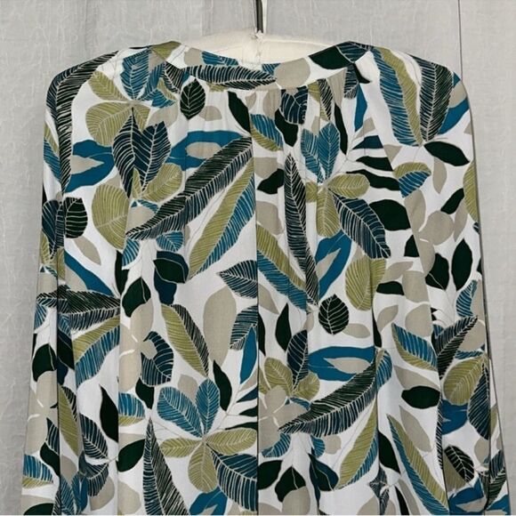 BR XL Beautiful White Green Cream Tropical Leaf Print Long Sleeve Blouse - Picture 6 of 16